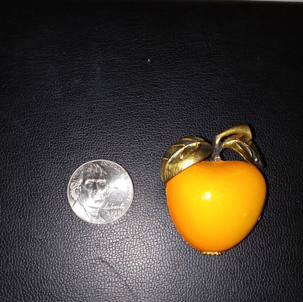 Vintage Gold /Orange Enamel Apple Brooch